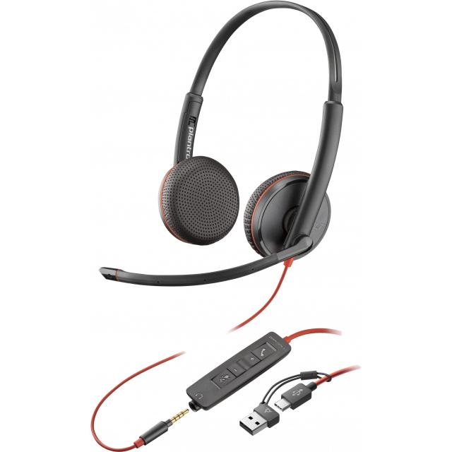 Poly Blackwire 3225 Stereo USB-C Headset +3.5mm Plug +USB-C/A Adapter (Bulk) (209747-201/209751-201)