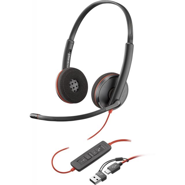 Poly Blackwire 3220 Stereo USB-C Black Headset +USB-C/A Adapter (Bulk) (209745-104)