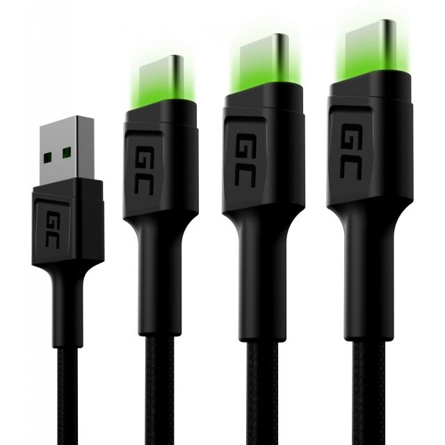GreenCell USB 3.0 > 3xUSB-C (ST-ST) 2m Ladekabel LED Schwarz